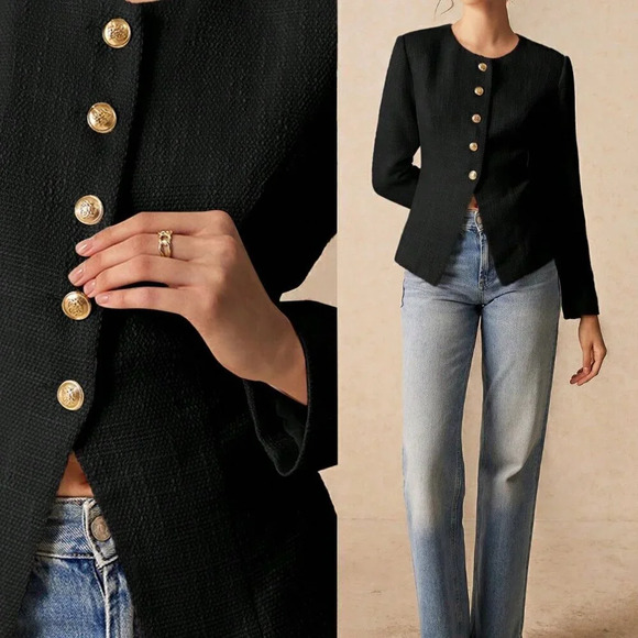 Jackets & Blazers - Black Elegant Women's Round Neck Split Cuff Jacket